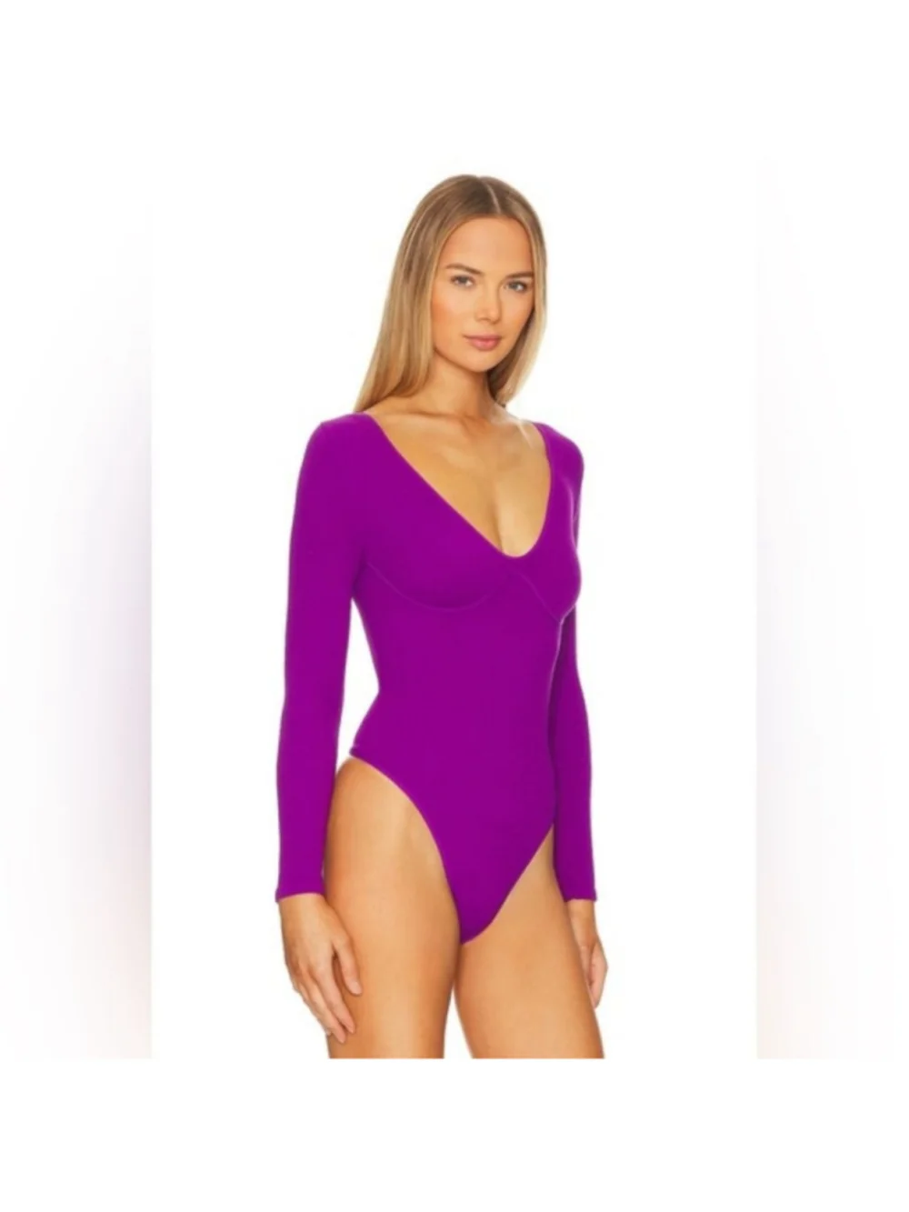 FREE PEOPLE Meg Purple Ribbed Long Sleeve V-Neck Bodysuit M‎ L